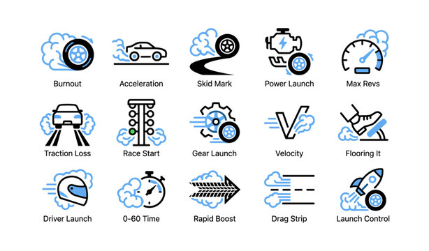 Automotive launch and traction icons arranged on white grid