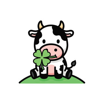 A friendly cartoon cow sits on green grass holding a four leaf clover in a sunny pastoral scene