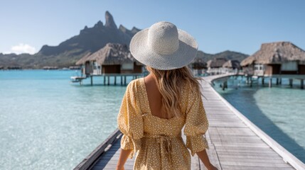 Obraz premium Female traveler in yellow dress on tropical overwater bungalows in bora bora