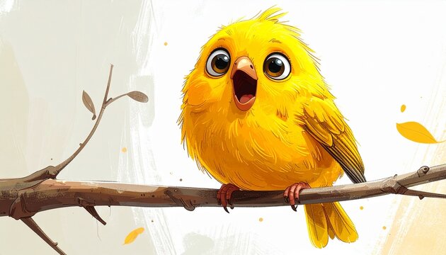 Bright Yellow Cartoon Canary Bird Perched on Twig with Surprised Expression in Soft Natural Light Minimalist Background