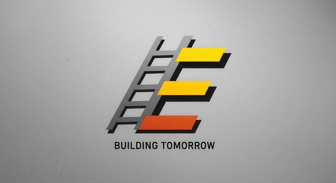 A modern corporate logo featuring a stylized ladder forming the letter E with colorful horizontal bars and the slogan 'BUILDING TOMORROW' on a grey background.