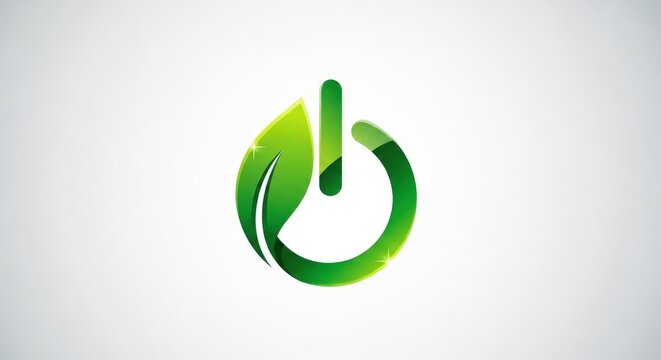 Green power button symbol with a leaf, representing eco-friendly energy and sustainability concepts.