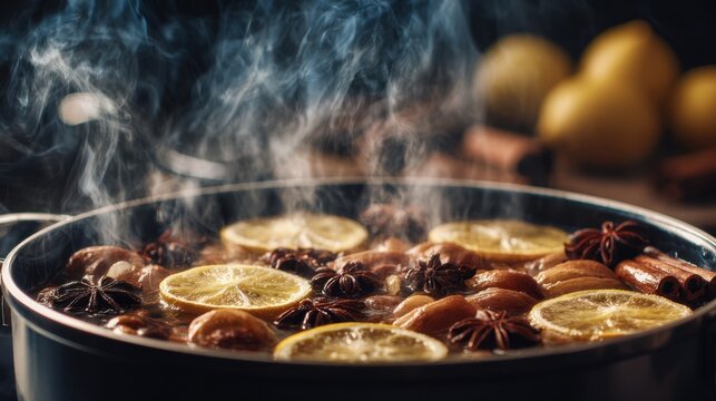 Aromatic mulled beverage with citrus, star anise, and cinnamon