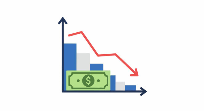 A bar chart shows a downward trend, with a dollar bill and a red arrow indicating loss