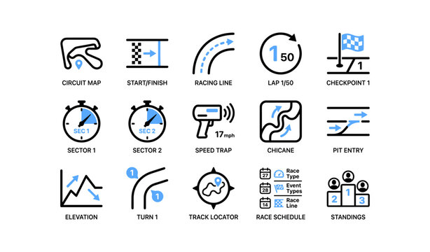 Race circuit icons showing track elements and timing markers