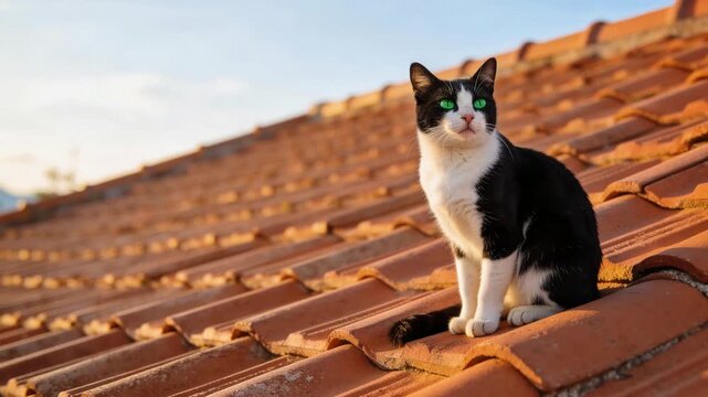 Curious tuxedo cat with green eyes sitting on an orange tile rooftop during a sunny day