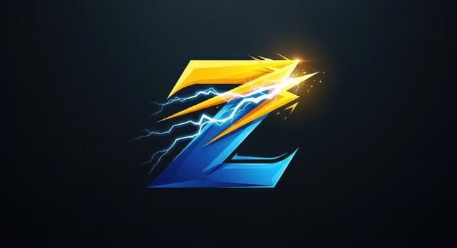 Dynamic stylized letter Z logo with lightning bolts and speed effect on a dark background, featuring blue and gold colors.