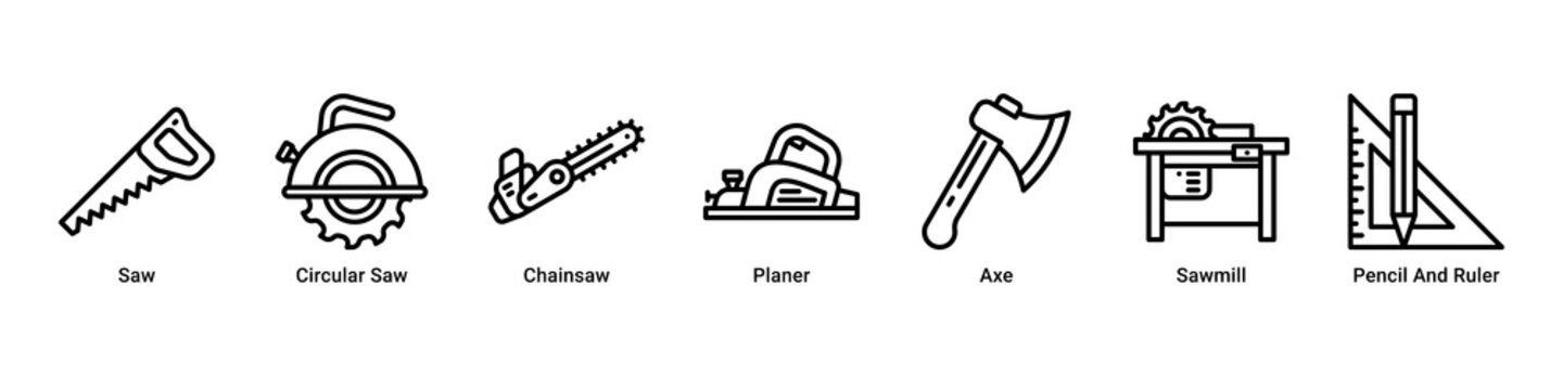 Wood Craft web banner icon vector illustration with Saw, Circular Saw, Chainsaw, Planer, Axe, Sawmill and Pencil And Ruler for woodworking projects