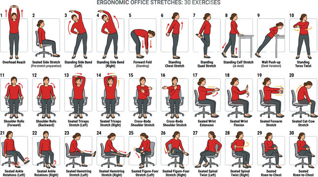 Ergonomic office stretches infographic vector set featuring thirty desk exercises for physical wellness posture improvement health and back pain relief