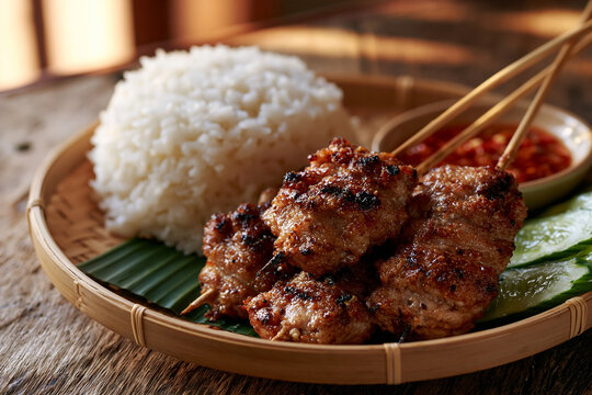 Thai food moo ping grilled pork skewers