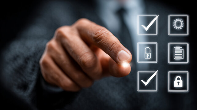 Businessman interacting with digital interface security settings on touchscreen