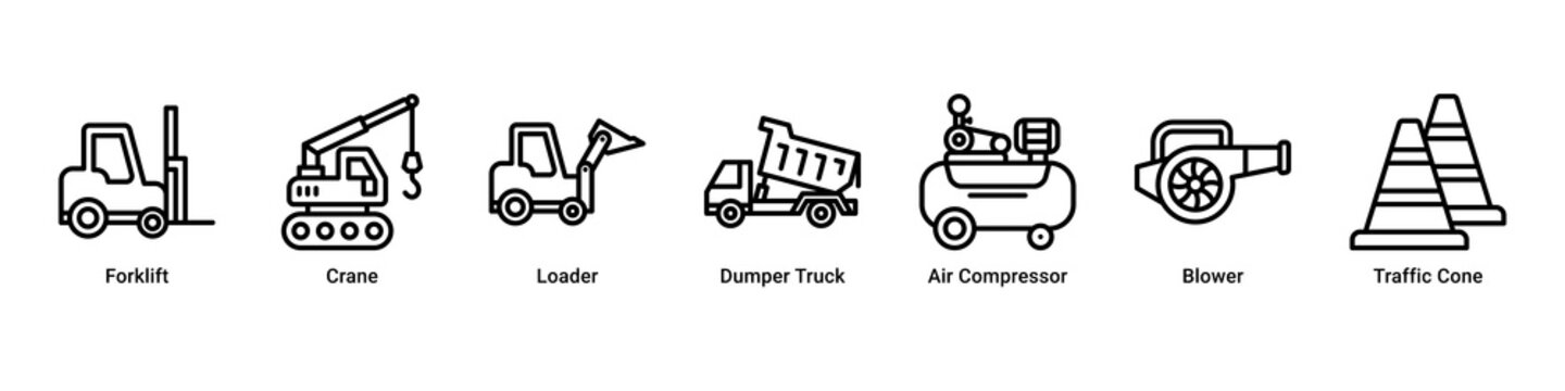 Heavy Lift web banner icon vector illustration with Forklift, Crane, Loader, Dumper Truck, Air Compressor, Blower and Traffic Cone