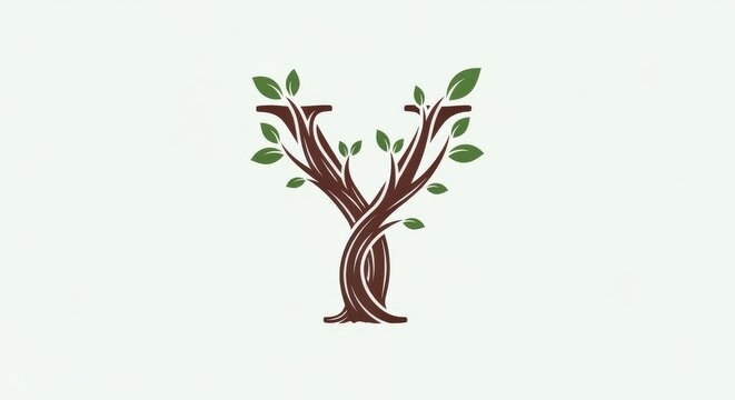 Stylized letter Y formed by a tree trunk and branches with green leaves on a light background, representing nature and growth.
