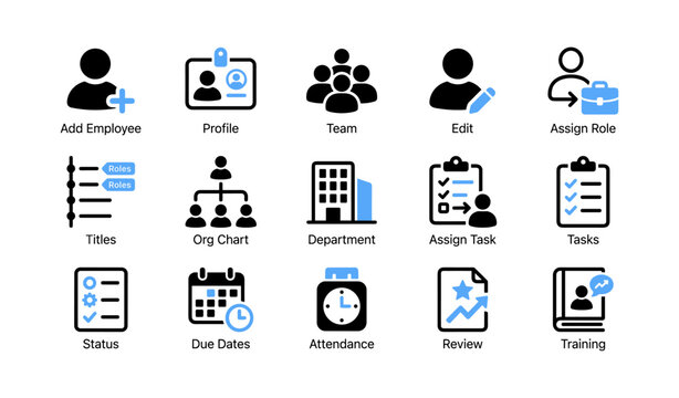 Hr and team icons showing employee management and tasks symbols