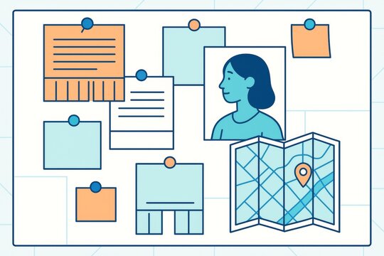 Investigation board with notes, map, and female profile in flat style on light background representing detective analysis concept. Ai generative. Ai generative
