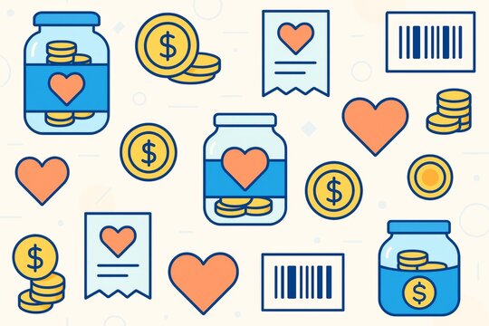 Charity donation and fundraising icons with heart, coins, jars, receipts, and barcode symbols on light abstract background. Ai generative. Ai generative