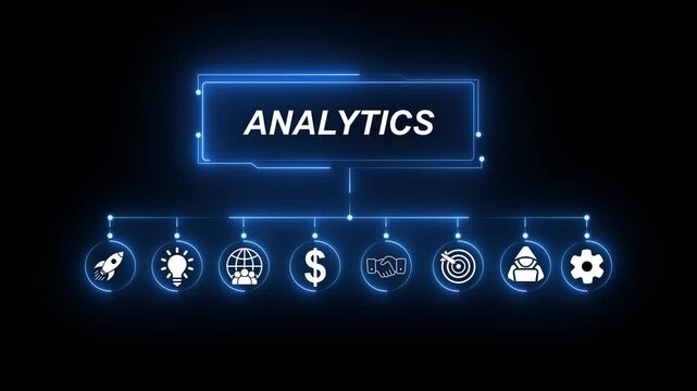 Analytics Business Concept Flowchart with Icons and Neon Blue Glow Keywords: analytics, business, concept, flowchart, icons, neon, blue, glow, data, analysis, insight, strategy, performance