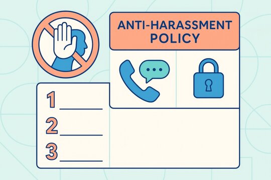 Anti-harassment policy layout with communication and security icons on light background for workplace presentation or awareness banner design. Ai generative