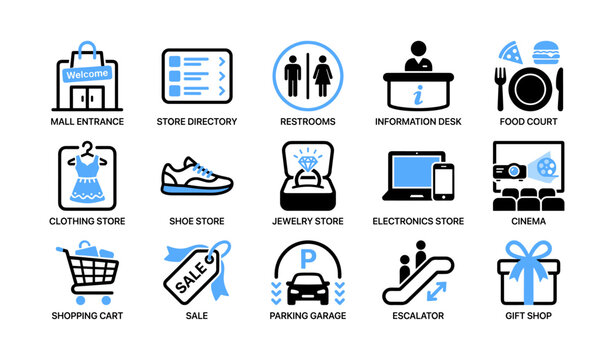 Shopping mall facility icons arranged in grid layout