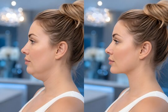 Before and after non-surgical double chin removal on woman face, Kybella injection lipolysis results, jawline contouring comparison