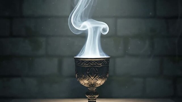 A glowing metal goblet sits on a wooden table in a dark stone room