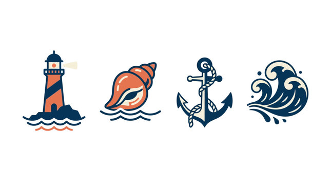 Nautical icons set with lighthouse anchor.