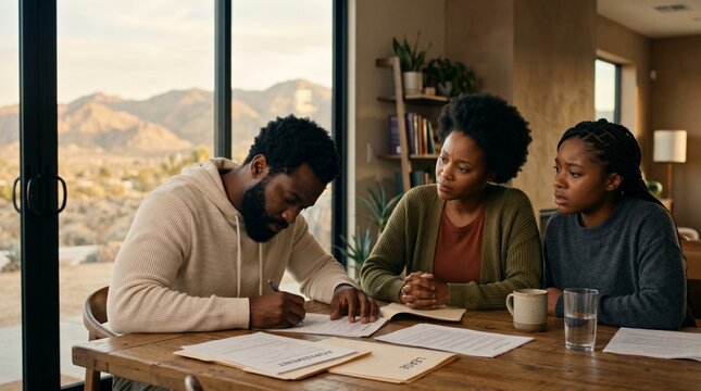 Female probation officer and her male client sit across from each other at a metal table in a county resource office, papers spread between them, the second chance life moment made institutional and