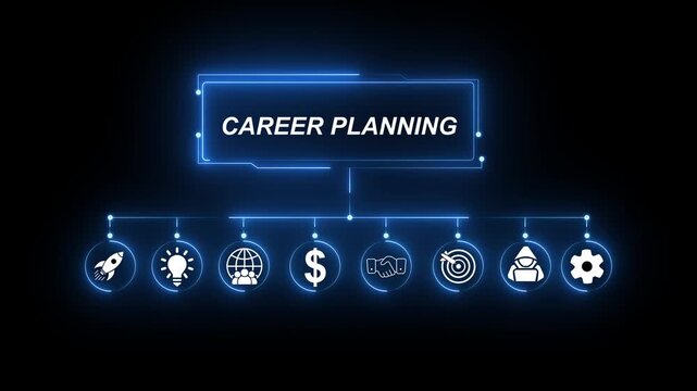 Career Planning Business Concept Flowchart with Icons and Neon Blue Glow Keywords: career planning, business, concept, flowchart, icons, neon, blue, glow, job, employment, profession, development