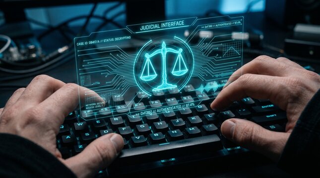 Digital Justice Concepts with Scales of Justice Symbol Over Laptop Keyboard Representing Law and Technology Integration in Modern Society Sigmoid 
