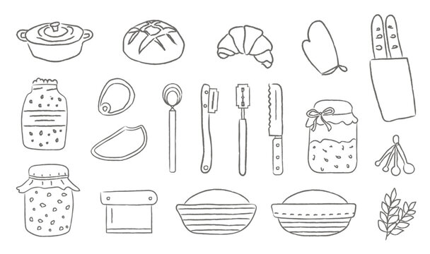 Sketchy hand drawn sourdough bread making tools with starter jar, whisk and proofing baskets. Baking equipment and artisan bakery elements. Textured line art vector illustration collection.