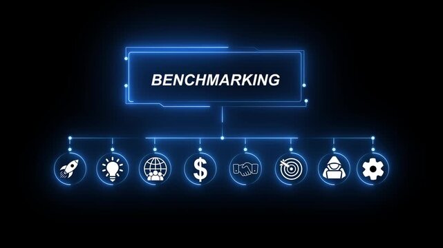 Business Benchmarking Concept with Icons and Neon Blue Glow on Black Background comparison analysis