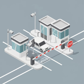 Isometric illustration of a modern toll booth with a car and stop sign.