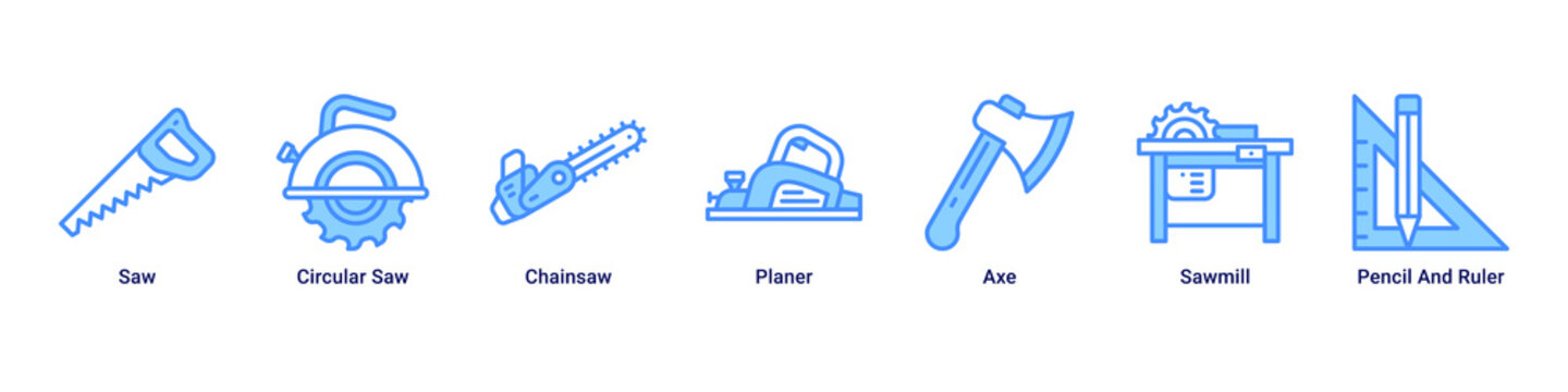 Wood Craft web banner icon vector illustration with Saw, Circular Saw, Chainsaw, Planer, Axe, Sawmill and Pencil And Ruler for woodworking projects