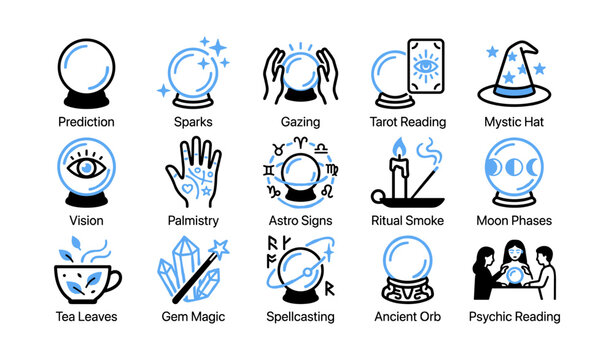 Mystic icons showing divination symbols and rituals on white
