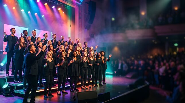 Diverse choir singing together on stage under vibrant concert lighting