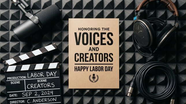 Professional studio flat lay on acoustic foam for Labor Day celebrating content creators and digital media workers, with a microphone, headphones, and clapperboard.