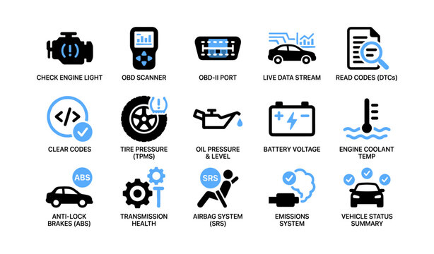 Vehicle diagnostic icons showing status and sensors on white