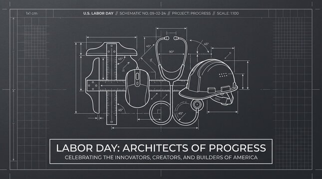 Professional architectural blueprint schematic celebrating US Labor Day, featuring white line icons of a T-square, computer mouse, stethoscope, and safety helmet.
