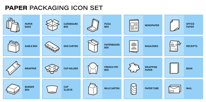 Recycling paper packaging waste icons collection. The outline vector icons are well scalable and editable for packaging label design. Great for infographic for different backgrounds. EPS10.