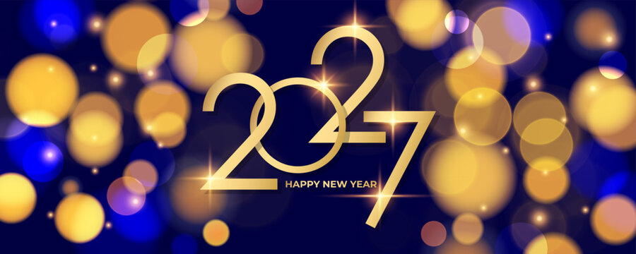 2027 Happy New Year holiday banner. New Year's Eve. Bright blurred bokeh lights. Gold and blue colors. Vector illustration.