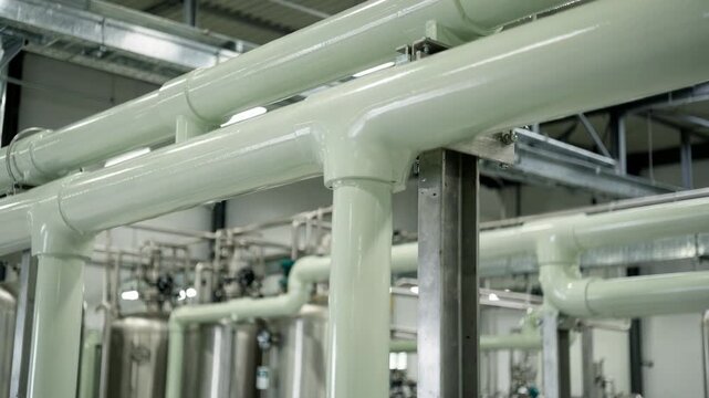 Medium shot of a corrosionresistant FRP piping network with seamless joints in an industrial chemical plant highlighting durability against acid exposure.