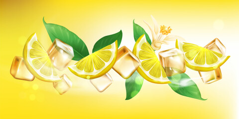 Ice cube with fresh lemon slice and mint leaf on icy background. Realistic 3d illustration with frozen water, fruit part, vanilla flower and refreshing summer drink composition for beverage ad poster. © vectorpouch