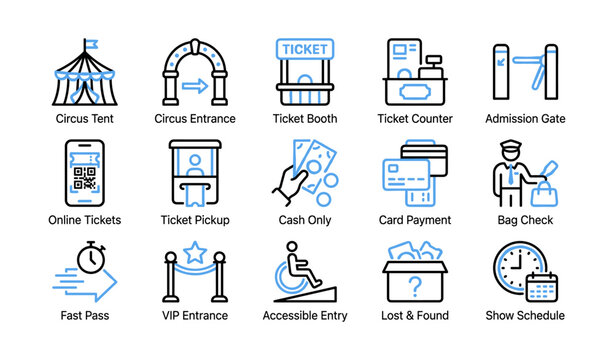 Event ticketing icons showing admission and entry services