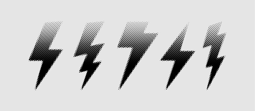 Bolt icon with halftone thunder texture and grunge lightning effect. Comic style thunderbolt arrow design of rough electric energy elements. Retro vector shape with pixel dots and pop art flash vibes.