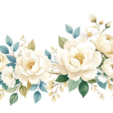 beautiful white peony flowers and green leaves watercolor floral arran