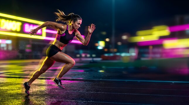 Fit woman running fast on outdoor track at night with neon lights