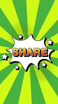 Share text word lettering popup comic cartoon reveal with bomb and smoke explosion manga anime book page dots radial speed lines doodle green background seamless loop vertical animation retro
