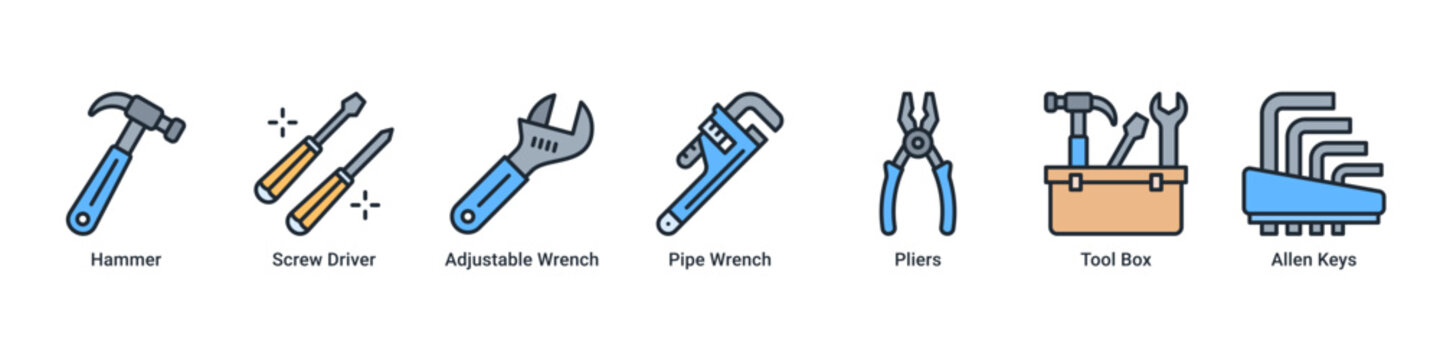 Tool Repair web banner icon vector illustration with Hammer, Screw Driver, Adjustable Wrench, Pipe Wrench, Pliers, Tool Box and Allen Keys for repair services