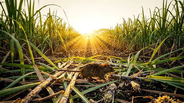 Rats Attacking Sugarcane Crop Agricultural Pest Invasion Sunlit Field Intrusion Crop Damage Scene