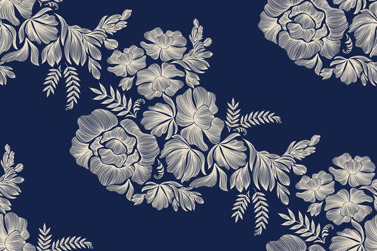 Vintage floral ethnic tapestry modern embroidery texture boho design vector illustration hand drawn silhouette indigo blue flower motif branches leaves wallpaper seamless background border